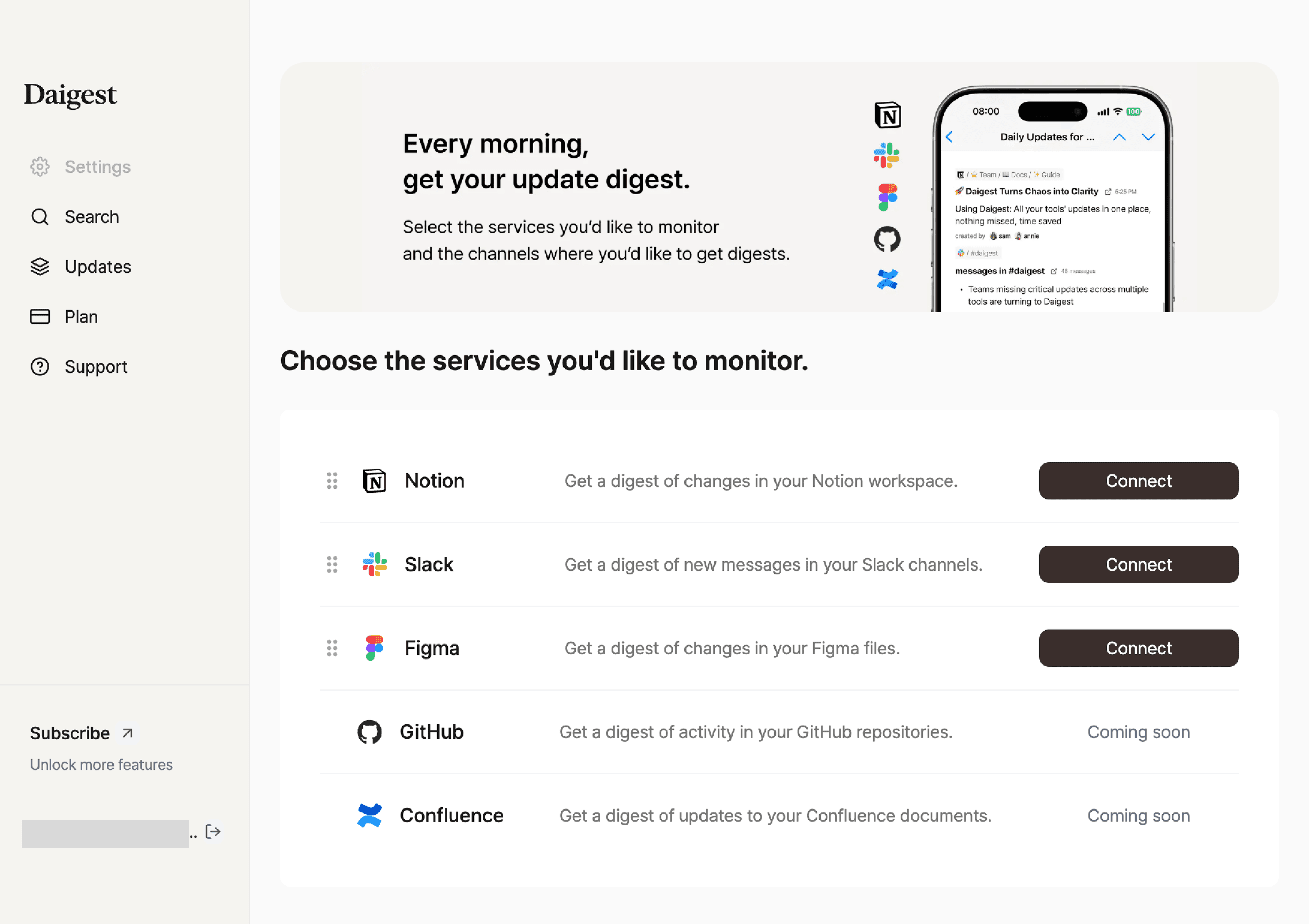 Settings page